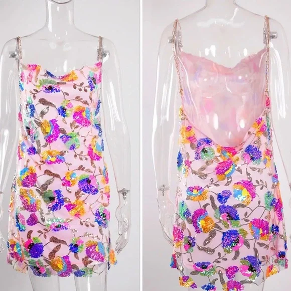 NWT gold chain strap sequin mini sheath dress square S M L pale pink multicolor - Picture 6 of 15